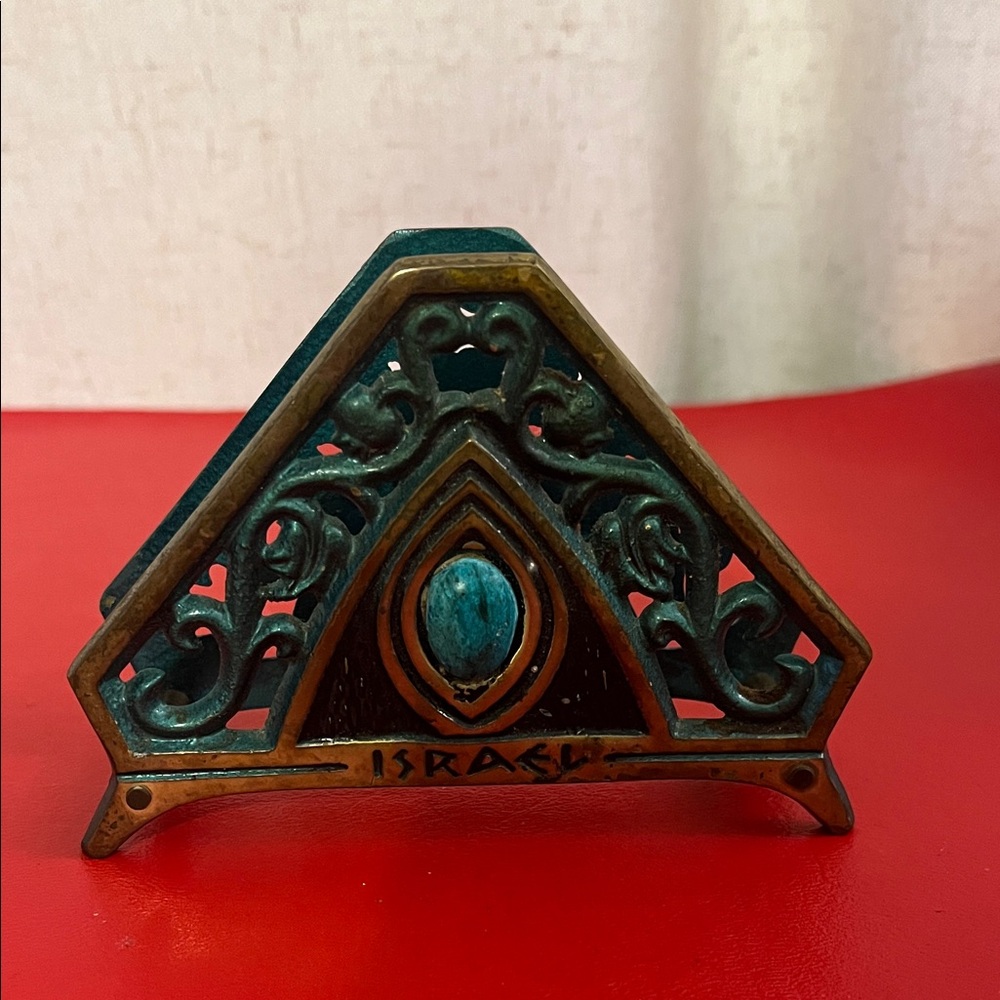 Decorative Turquoise and Bronze Triangular Napkin Holder - Israel